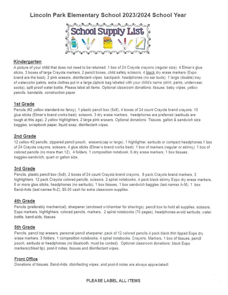 Lincoln Park Elementary 2023/2024 School Supply List Lincoln Park